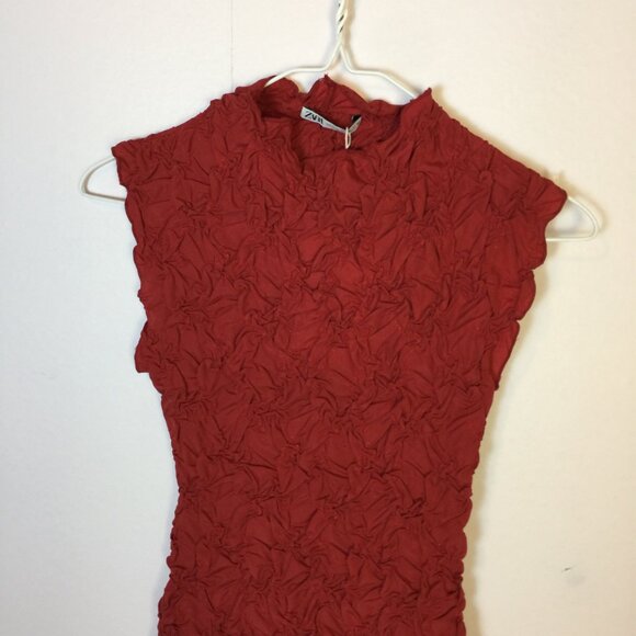 New! Zara Mini Bodycon Dress S Womans Red Textured Sleeveless Mocked Neck - Picture 9 of 13